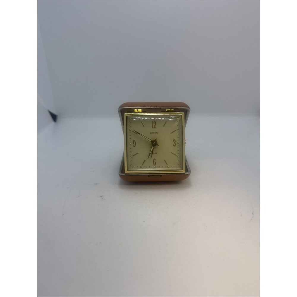 Vintage Linden Travel Alarm Clock - White Face Light Brown Case Gold Trim Works